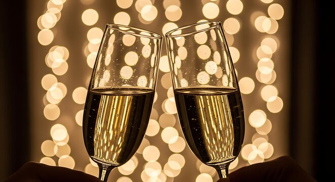 A close-up of a celebratory toast with two elegant champagne flutes clinking together in front of a magical golden bokeh light background - Powered by Adobe