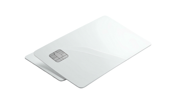 Two white cards are stacked, one partially obscured, with a chip visible on the top card. Simple modern presentation
