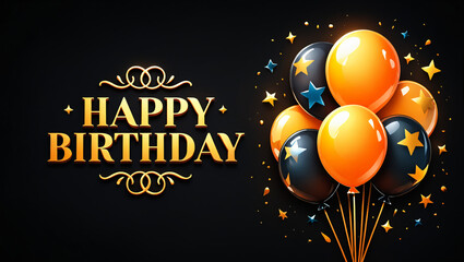 A festive birthday card featuring the “Happy Birthday” text on a black background, decorated with orange, gold, and black balloons with stars. A stylish and bright design that conveys joy, celebration