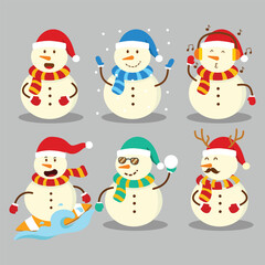 Diverse Collection of Six Snowman Characters Winter Christmas Set Vector Bundle