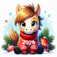 cute cartoon pony with big blue eyes wearing a red Christmas sweater that says 2026. Around it are pine branches and red ornaments, creating a cheerful festive mood
