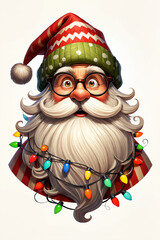 Santa Claus with a long white beard, wearing a red and green hat with a pom-pom and glasses. His beard is decorated with colorful Christmas lights, and he has a joyful, surprised expression.