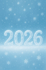 Snowy 2026 with falling snowflakes on blue background