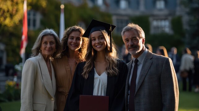Young woman in graduation gown and cap holding diploma, standing proudly with smiling family members in formal attire on university lawn during sunset celebration of academic success
