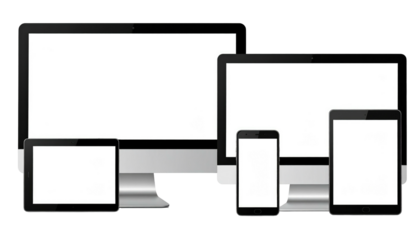 Tech array a computer, screen, smartphone, tablet group. Blank screens for mockups and responsive design tests