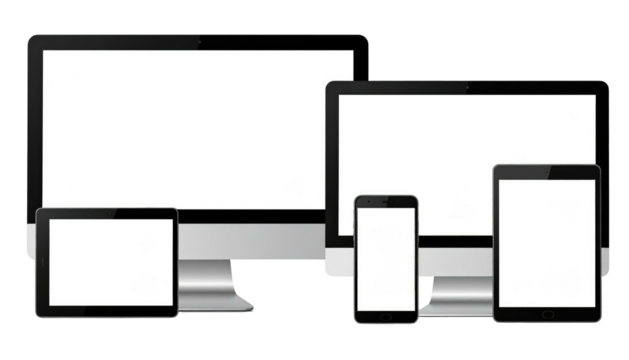 Tech array a computer, screen, smartphone, tablet group. Blank screens for mockups and responsive design tests