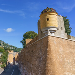 Villefranche-sur-mer, France, French Riviera, Citadel Saint-Elme, historical monument. Historic stone fortress wall with a turret and scenic landscape under a clear blue sky © Telly