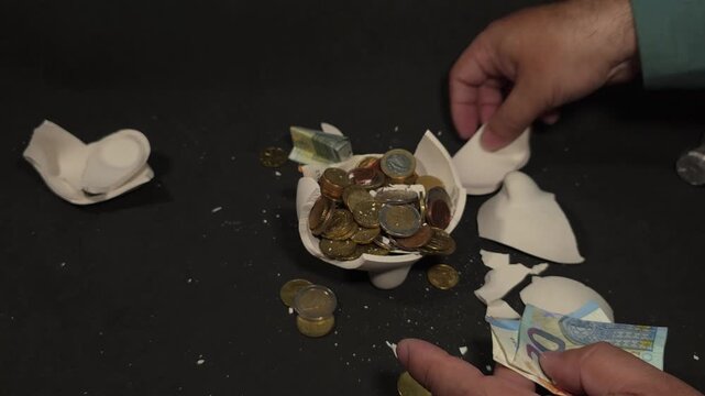 hand of a man removing pieces from a broken piggy bank, separating euro bills and coins
