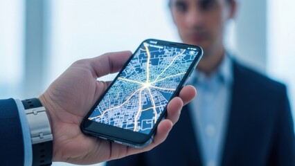 Close up of a person holding a smartphone displaying a digital map with a blurred person in the background