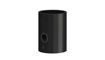 Dark gray, cylindrical object with a small, circular hole on a black background with a smooth, shadowed surface