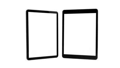 Two tablets with blank white screens face outward, set against a contrasting dark backdrop. Black frames highlight them