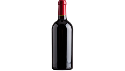 A dark bottle with a red cap holds a shadowy liquid, centered against a plain black background, strongly lit