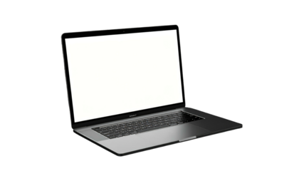 Modern laptop with a blank white screen isolated against a black background, open for use