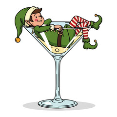 Christmas Elf Lounging in Giant Martini Glass – Funny Holiday Cocktail Party Vector Art