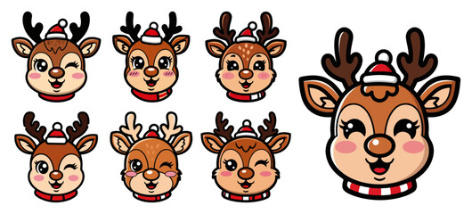 Reindeer Faces Set – Cute Cartoon Deer Heads with Christmas Accessories Vector Icons Collection