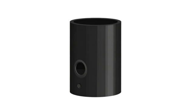 Dark gray, cylindrical object with a small, circular hole on a black background with a smooth, shadowed surface