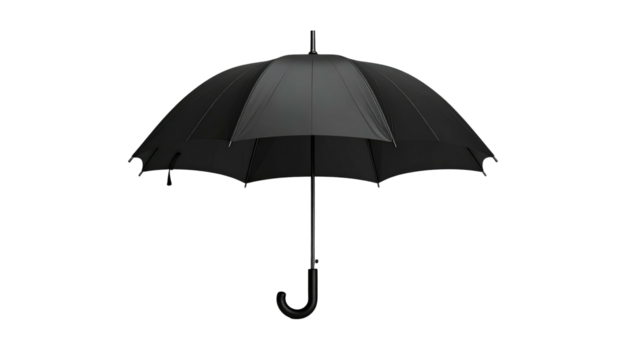 Symmetrical black umbrella, centered, radiating form, handle curved. Minimalist design, dark background. Protects from rain