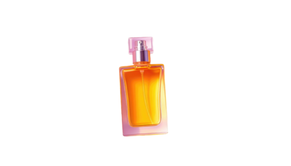 Amber liquid inside a clear rectangular bottle with a silver nozzle, presented on a gradient pink background