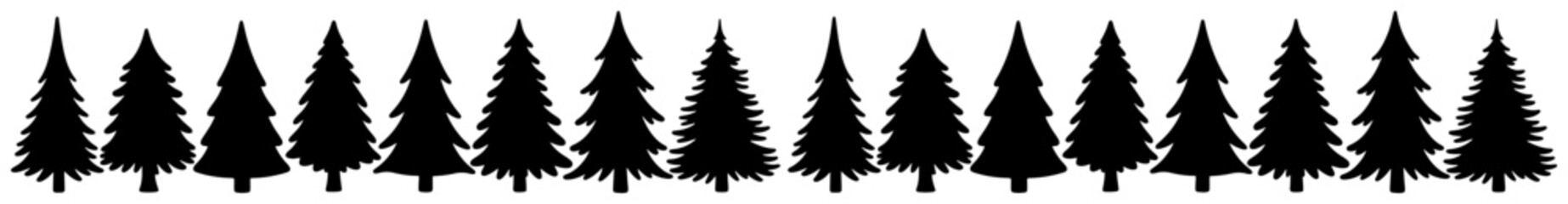 Obraz premium Seamless Pine Tree Border – Evergreen Forest Silhouette Pattern Vector