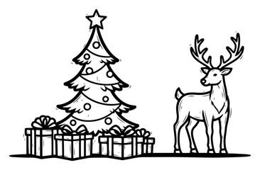 Outline Christmas Tree with Presents and Deer – Hand‑Drawn Festive Sketch