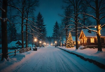 Beautiful Christmas Village at Night with Snow and Holiday Lights