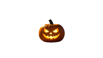 Glowing jack-o'-lantern, with a carved face and stem, isolated against a stark black background