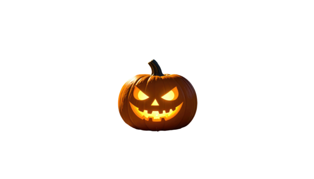 Glowing jack-o'-lantern, with a carved face and stem, isolated against a stark black background