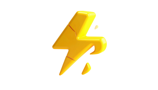 Shiny golden cartoon lightning bolt with small droplet splashes against a stark black backdrop - Powered by Adobe