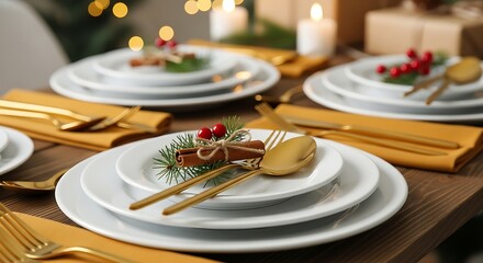 Festive Table Setting with Gold Cutlery and Cinnamon Sticks for Christmas Dinner Celebration