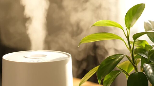 Close up of Humidifier Releasing Vapor Next to a Green Plant against Neutral Background in Soft Natural Light