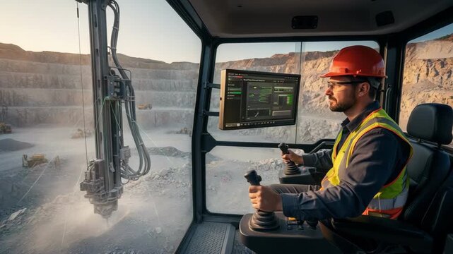 Medium shot of expert operator handling hightech drilling equipment in a quarry focusing on precise borehole positioning for efficient rock extraction.