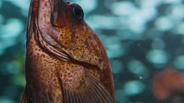 A detailed, eye level shot of a rockfish, possibly a vermilion or copper rockfish, with vibrant orange and red markings. The fish is shown from below, looking up at the surface of the water, with a sm - Powered by Adobe