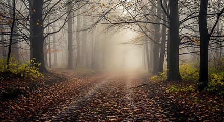 Autumn forest path in dense morning fog, golden light illuminates bare trees and fallen leaves, creating a serene, mystical, and tranquil woodland atmosphere