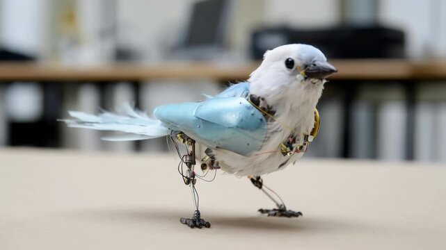 Bionic animatronic bird with visible electronic components and wiring under its feathers walking on a table and moving its artificial wings, showcasing modern robotics and engineering