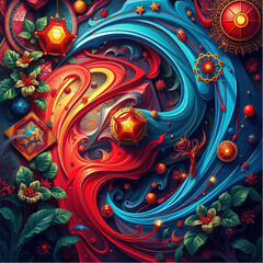 Modern abstract designs incorporating colors?red, green, blue, gold?with geometric shapes, plant and festive patterns.eps