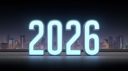 integration goal 2026 Neon numbers "2026" illuminated against a city skyline background at night.