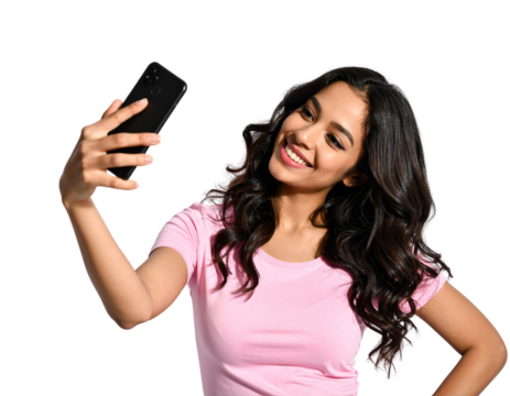 Smiling Person Taking Selfie with Smartphone, Side Angle, Isolated on White Background