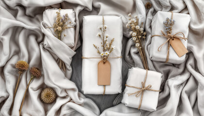 Wrapped gifts with dried flowers on fabric