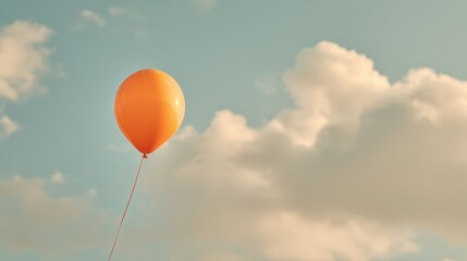 Bright orange balloon rising gently against a warm sky filled with soft clouds, symbolizing freedom, happiness, and carefree moments in a tranquil and dreamy outdoor atmosphere