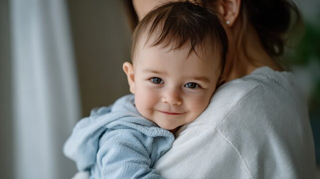 Adorable baby smiling in mother arms near window, dressed in soft blue clothing, expressing love, safety, and tenderness, symbolizing family warmth and bonding