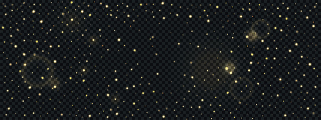 Night starry background with glowing dust. Sparkling stars and flares isolated on transparent backdrop