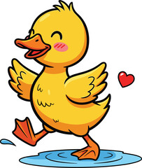 Joyful Cartoon Duckling Walking Through Water with Heart Symbol, Radiating Happiness, Playfulness, and Wholesome Energy in a Cheerful Scene