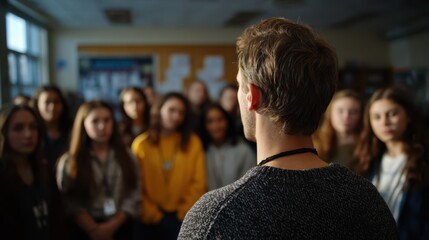Fototapeta premium Young man speaking to group of students in classroom during discussion or presentation, representing leadership, communication, teamwork, and active participation in learning environment