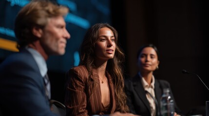 Fototapeta premium Focused woman speaking during a professional conference panel with colleagues beside her, representing leadership, communication, and business collaboration in a corporate environment