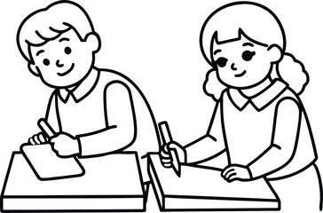 Minimal Black Line Illustration of Two Students Doing Hands-On Classroom Activity, Clean Outline Vector, No Shading, White Background