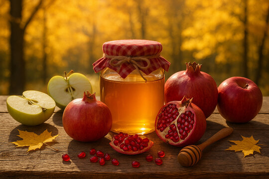 Jar of Honey, Pomegranates, and Apples on a Wooden Table Against a Golden Autumn Background