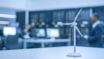 Miniature wind turbine model in a modern data center symbolizing renewable energy, sustainability, and the future of green technology integrated with corporate innovation and smart business