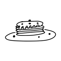 Hand Drawn Outline Vector Illustration of Stack of Pancakes with Syrup and Berries on Plate