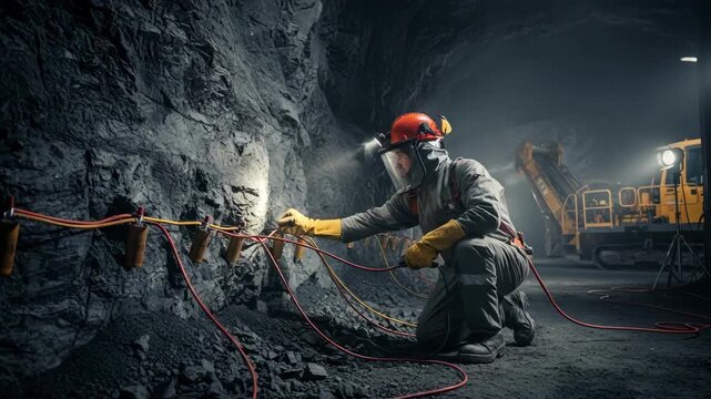 Operator in safety gear carefully managing explosive materials in a controlled mining setting for efficient coal extraction.