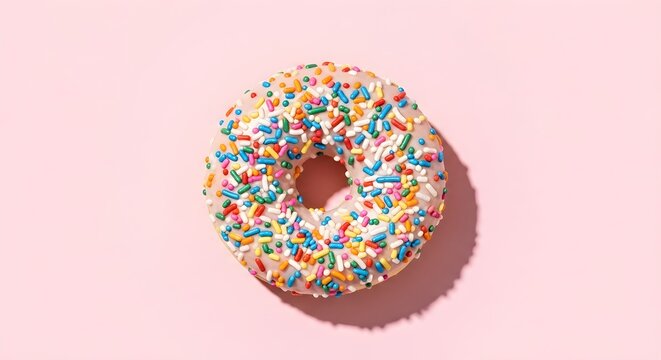 A single donut with white frosting and colorful sprinkles on a pink background in center frame
